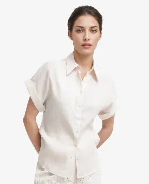 Rareism Women Venezuela Beige Cotton Linen Fabric Collared Neck Solid Boxy Fit Shirt