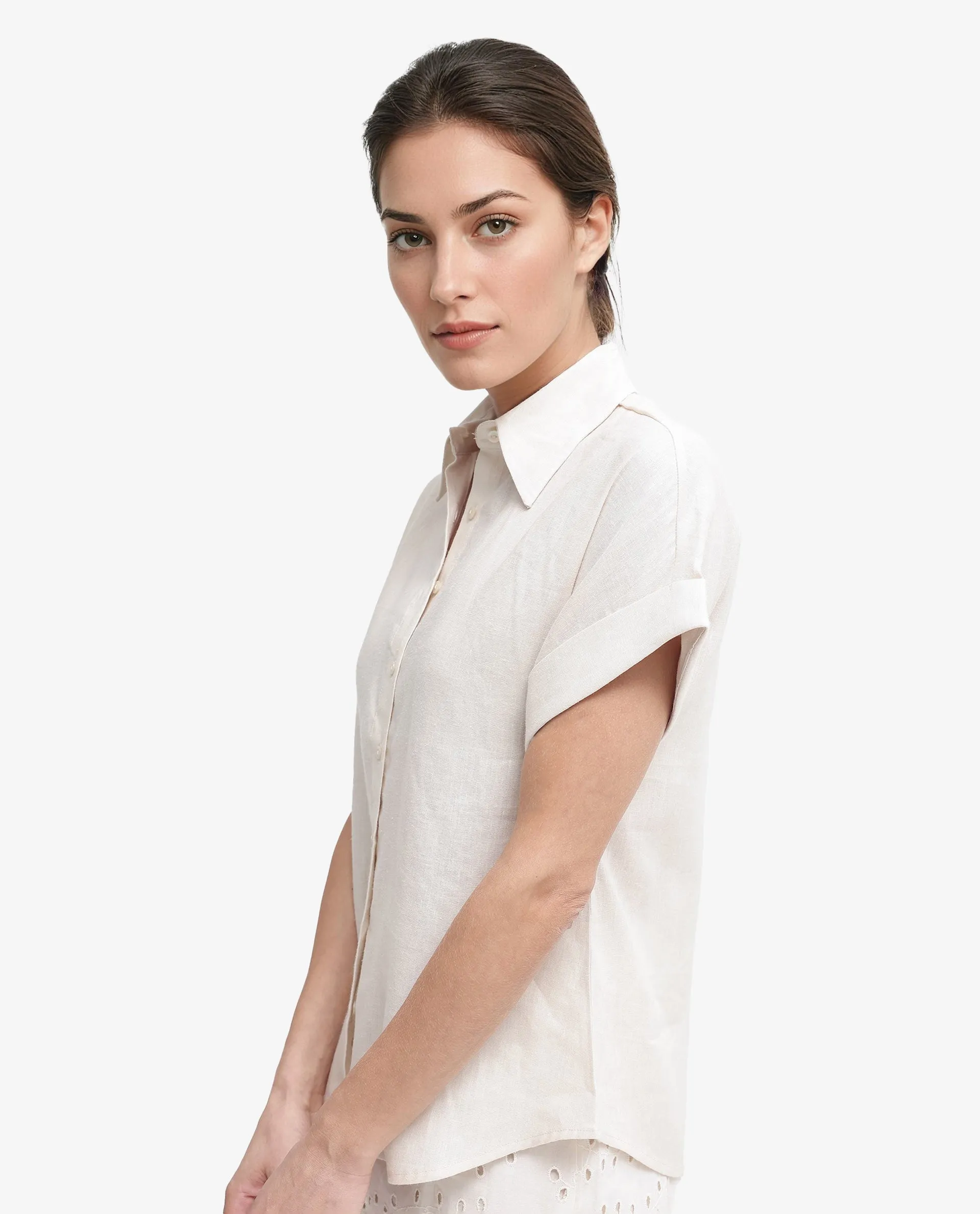 Rareism Women Venezuela Beige Cotton Linen Fabric Collared Neck Solid Boxy Fit Shirt