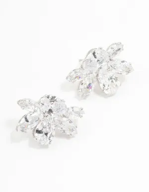 Rhodium Cubic Zirconia Cluster Teardrop Stud Earrings