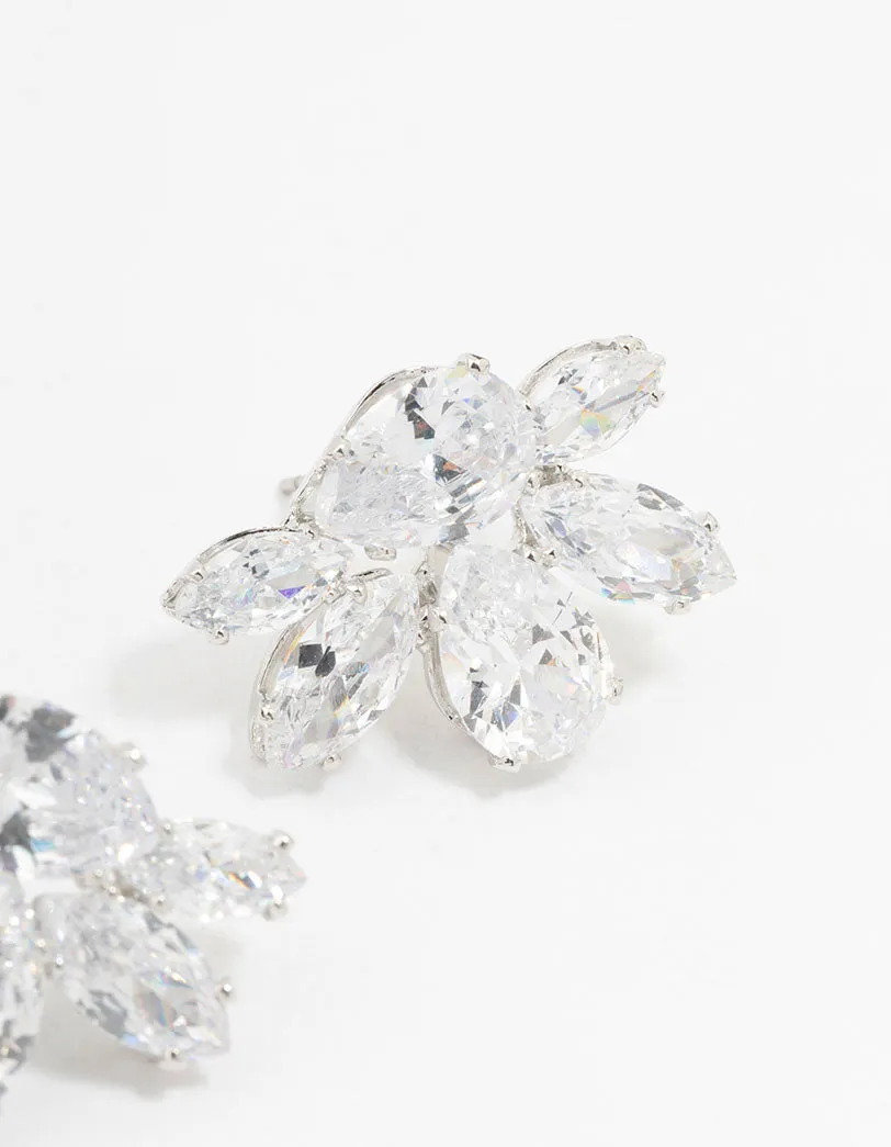 Rhodium Cubic Zirconia Cluster Teardrop Stud Earrings