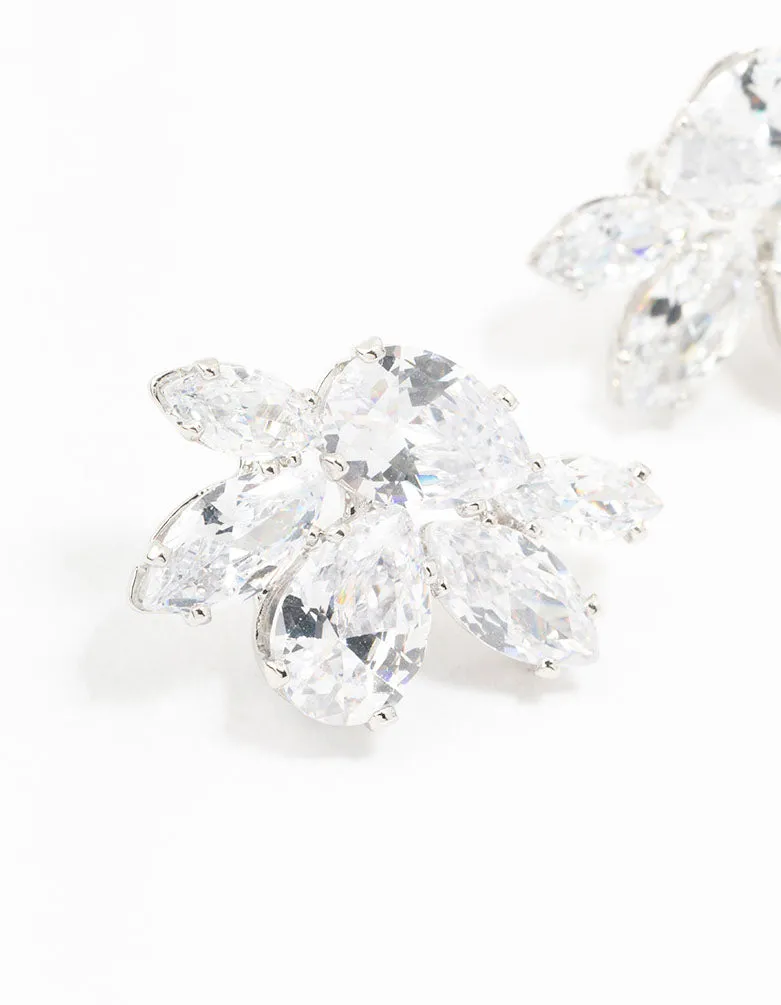 Rhodium Cubic Zirconia Cluster Teardrop Stud Earrings