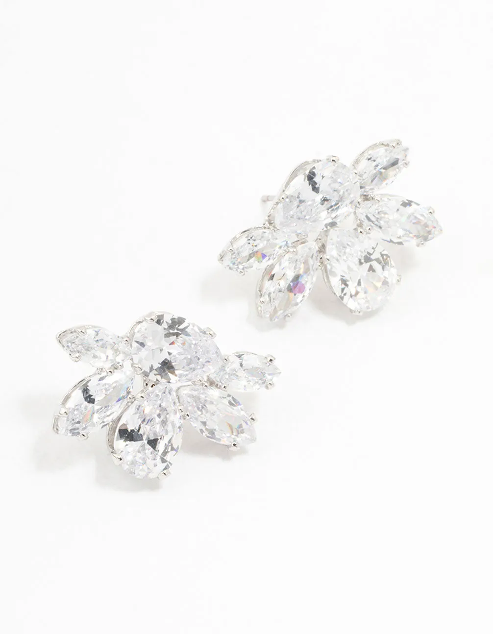 Rhodium Cubic Zirconia Cluster Teardrop Stud Earrings