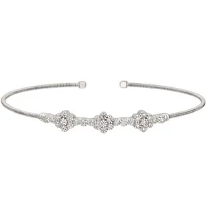 Rhodium Finish Sterling Silver Cable Cuff Bracelet with Three Clusters of Simulated Diamonds