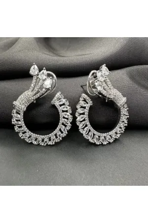 Silver Toned Studded Statement American Diamond Stud Earrings- White