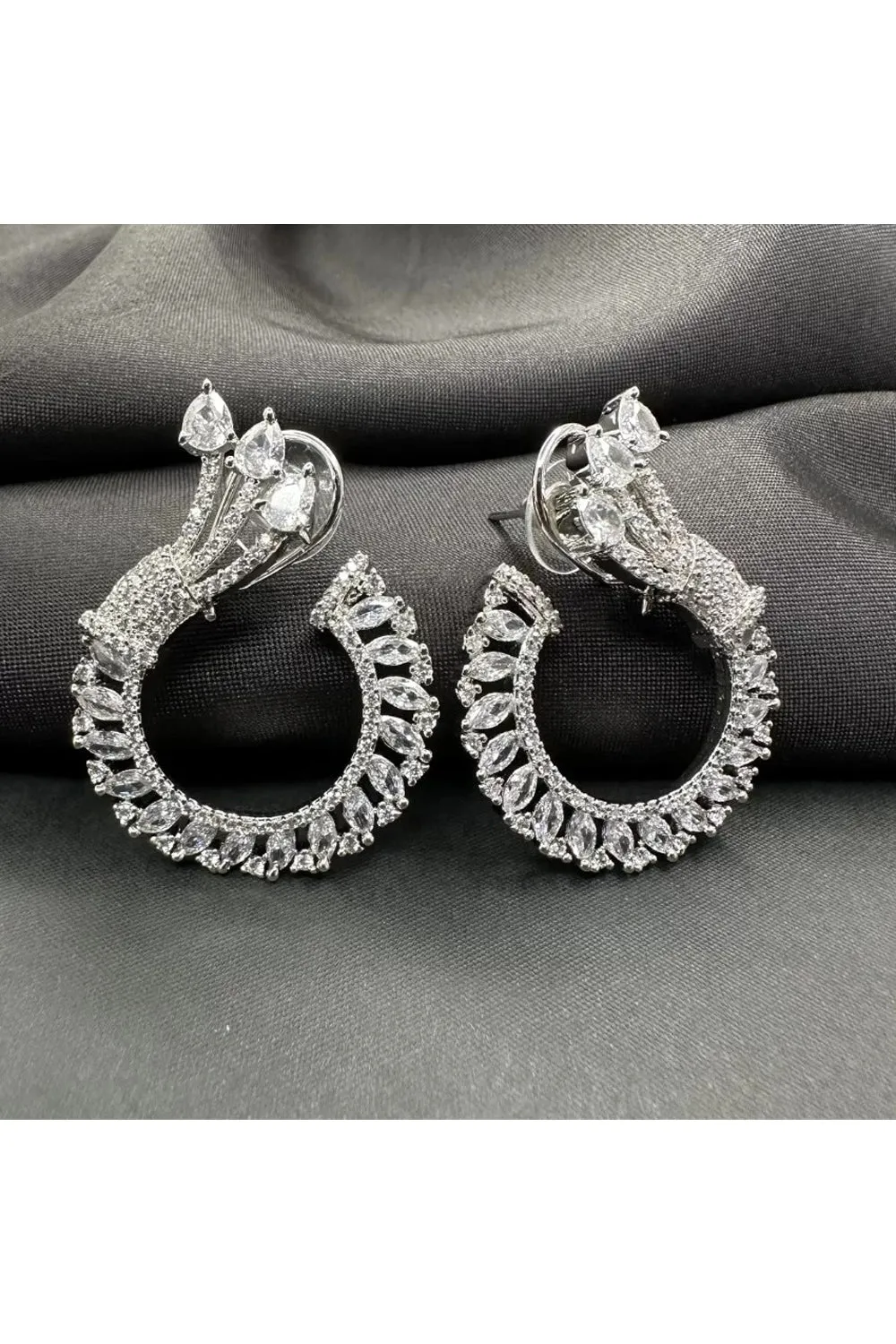 Silver Toned Studded Statement American Diamond Stud Earrings- White