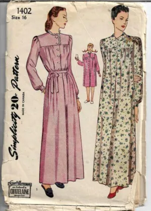 Simplicity 1402 Ladies Nightgown Lingerie Vintage Sewing Pattern 1940s