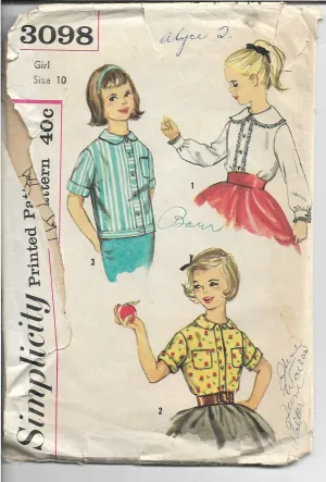 Simplicity 3098 Girls Blouse Vintage Sewing Pattern 1950s