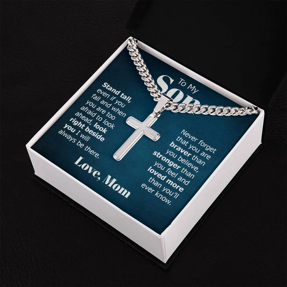 To My Son Artisan Cross Necklace from Mom, Stand Tall Even If You Fall