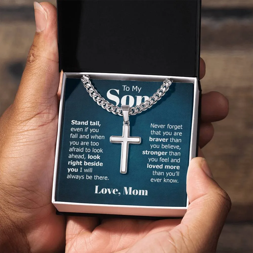 To My Son Artisan Cross Necklace from Mom, Stand Tall Even If You Fall