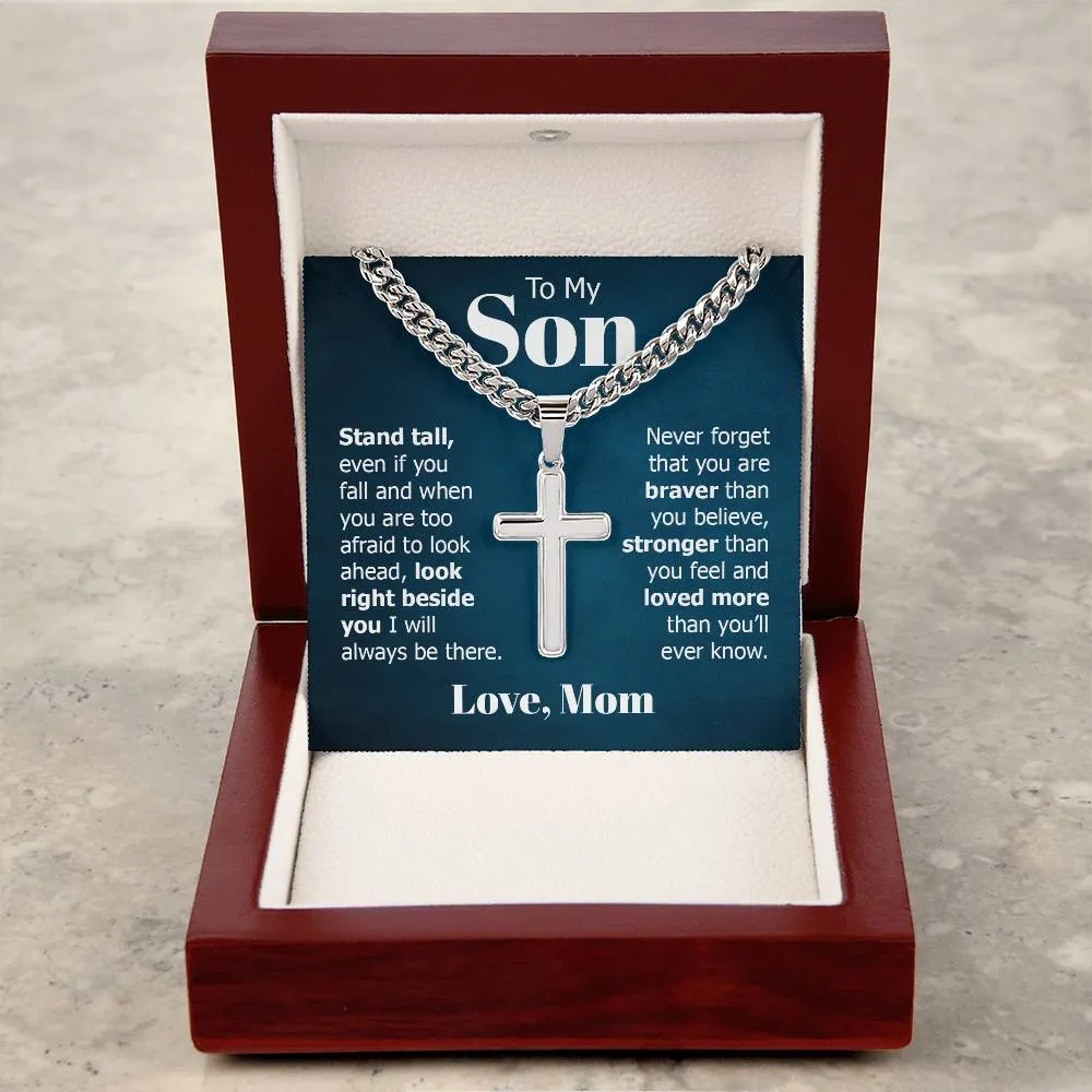 To My Son Artisan Cross Necklace from Mom, Stand Tall Even If You Fall