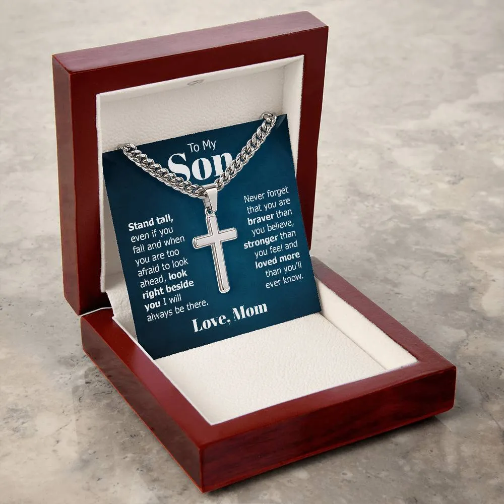 To My Son Artisan Cross Necklace from Mom, Stand Tall Even If You Fall