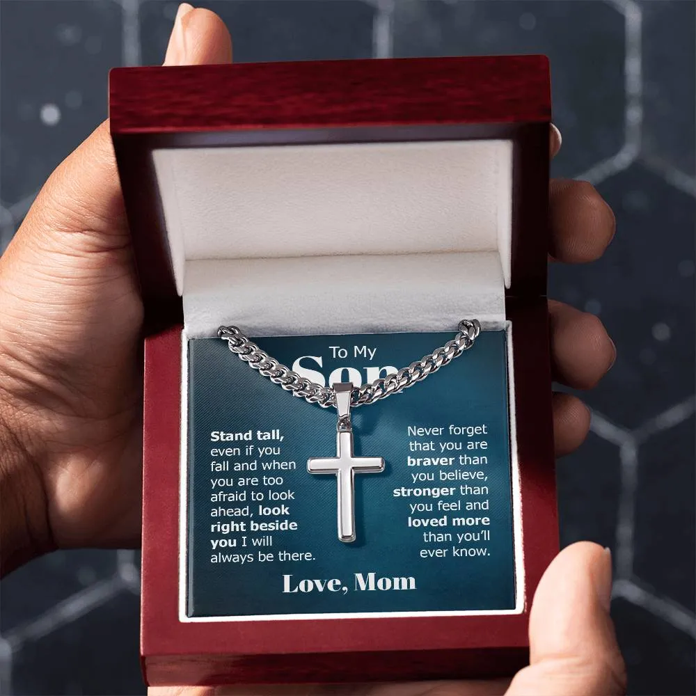 To My Son Artisan Cross Necklace from Mom, Stand Tall Even If You Fall
