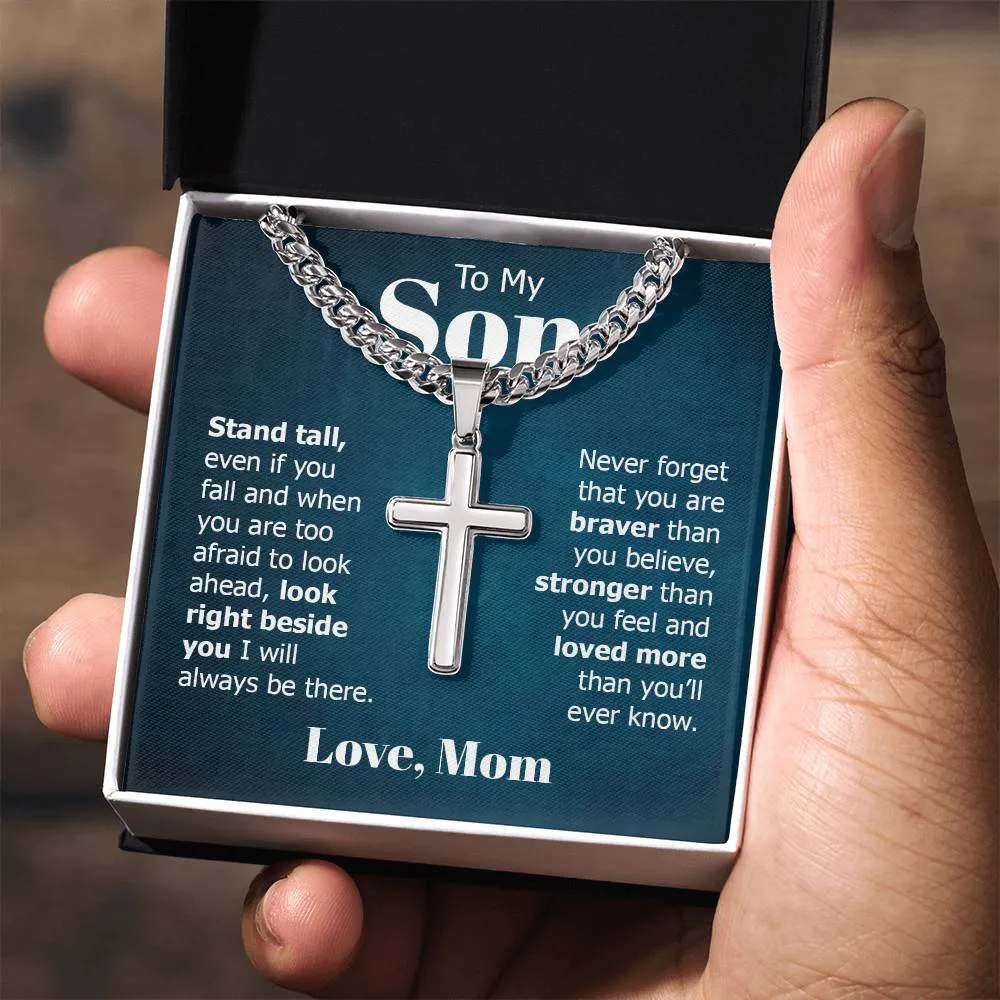 To My Son Artisan Cross Necklace from Mom, Stand Tall Even If You Fall
