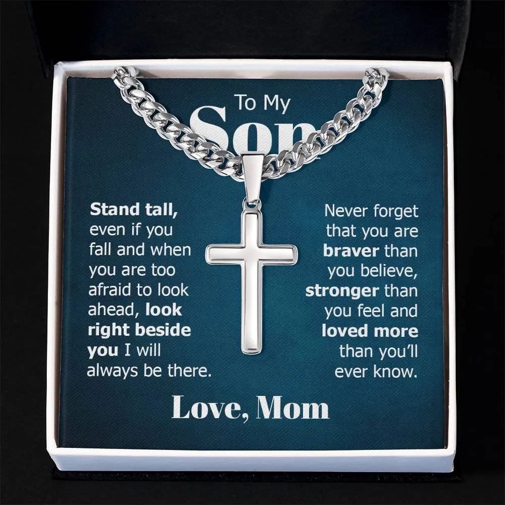 To My Son Artisan Cross Necklace from Mom, Stand Tall Even If You Fall