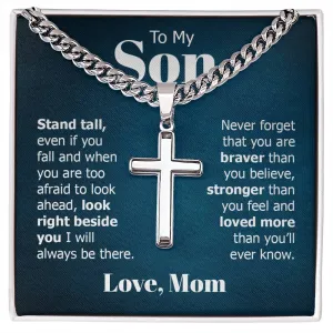 To My Son Artisan Cross Necklace from Mom, Stand Tall Even If You Fall