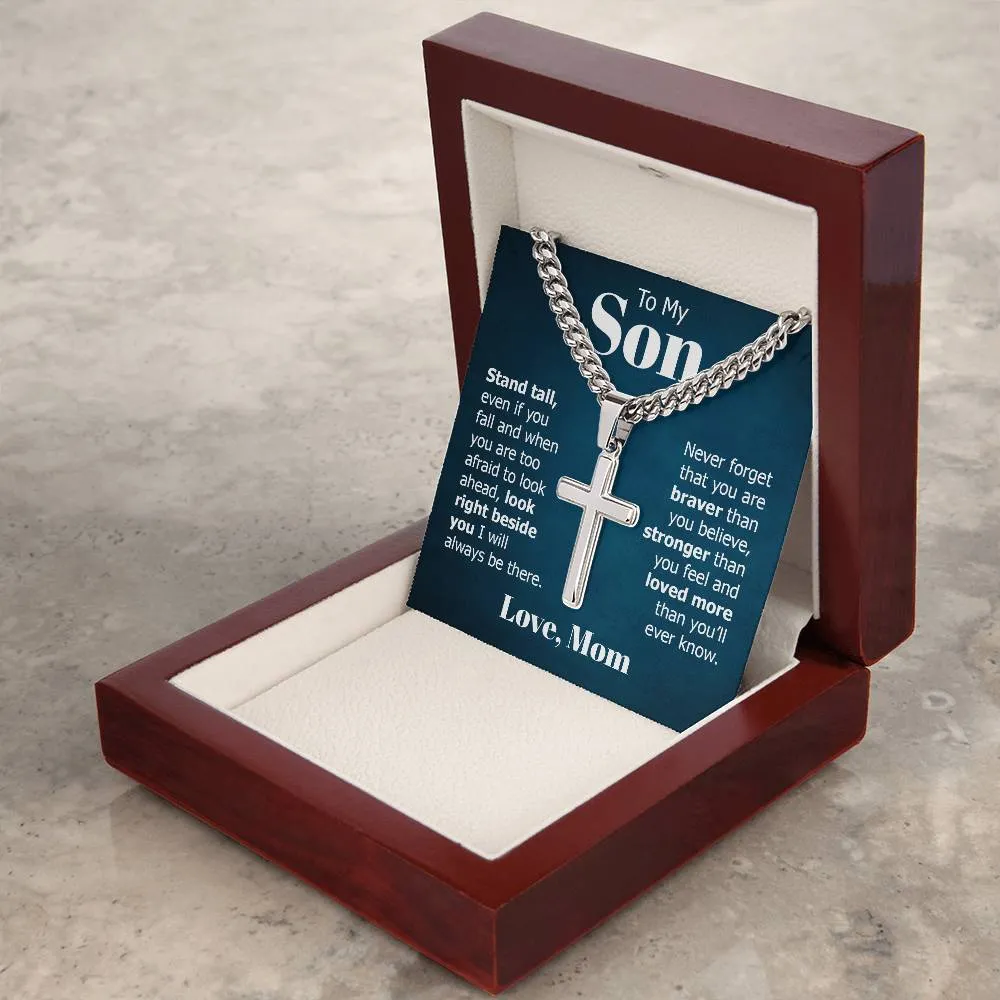 To My Son Artisan Cross Necklace from Mom, Stand Tall Even If You Fall