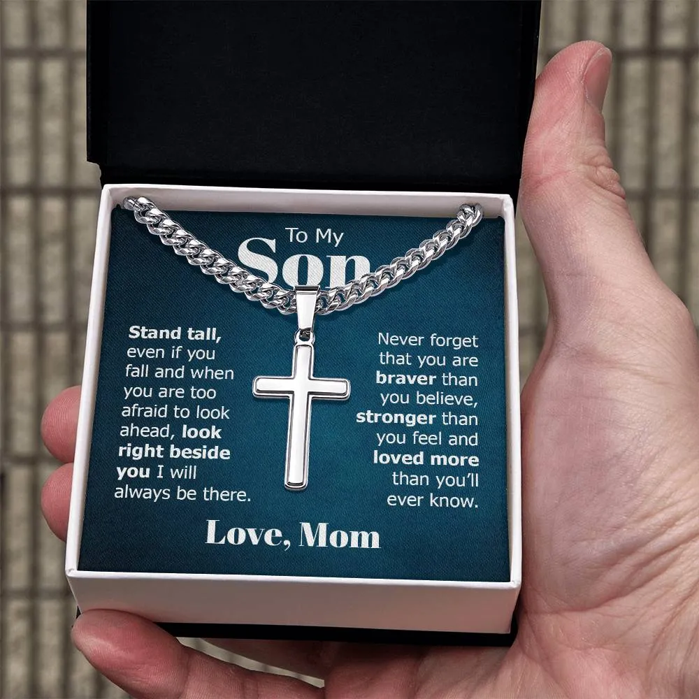 To My Son Artisan Cross Necklace from Mom, Stand Tall Even If You Fall