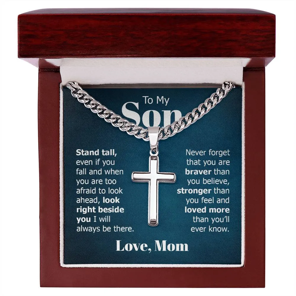 To My Son Artisan Cross Necklace from Mom, Stand Tall Even If You Fall