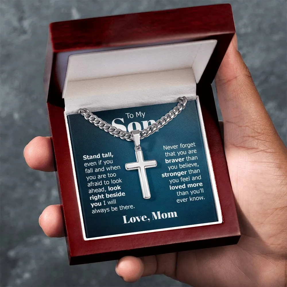 To My Son Artisan Cross Necklace from Mom, Stand Tall Even If You Fall