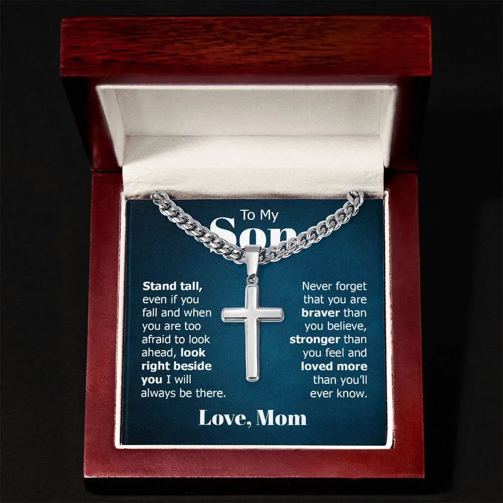 To My Son Artisan Cross Necklace from Mom, Stand Tall Even If You Fall
