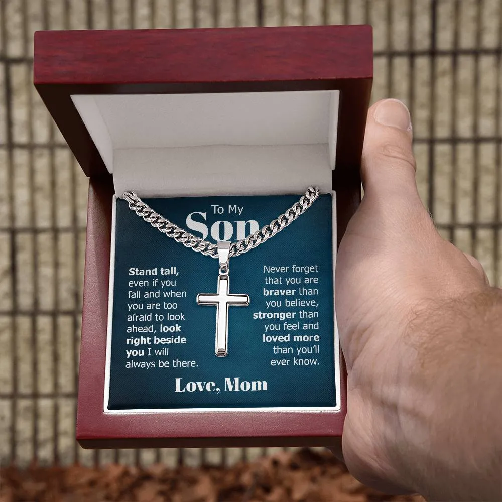 To My Son Artisan Cross Necklace from Mom, Stand Tall Even If You Fall