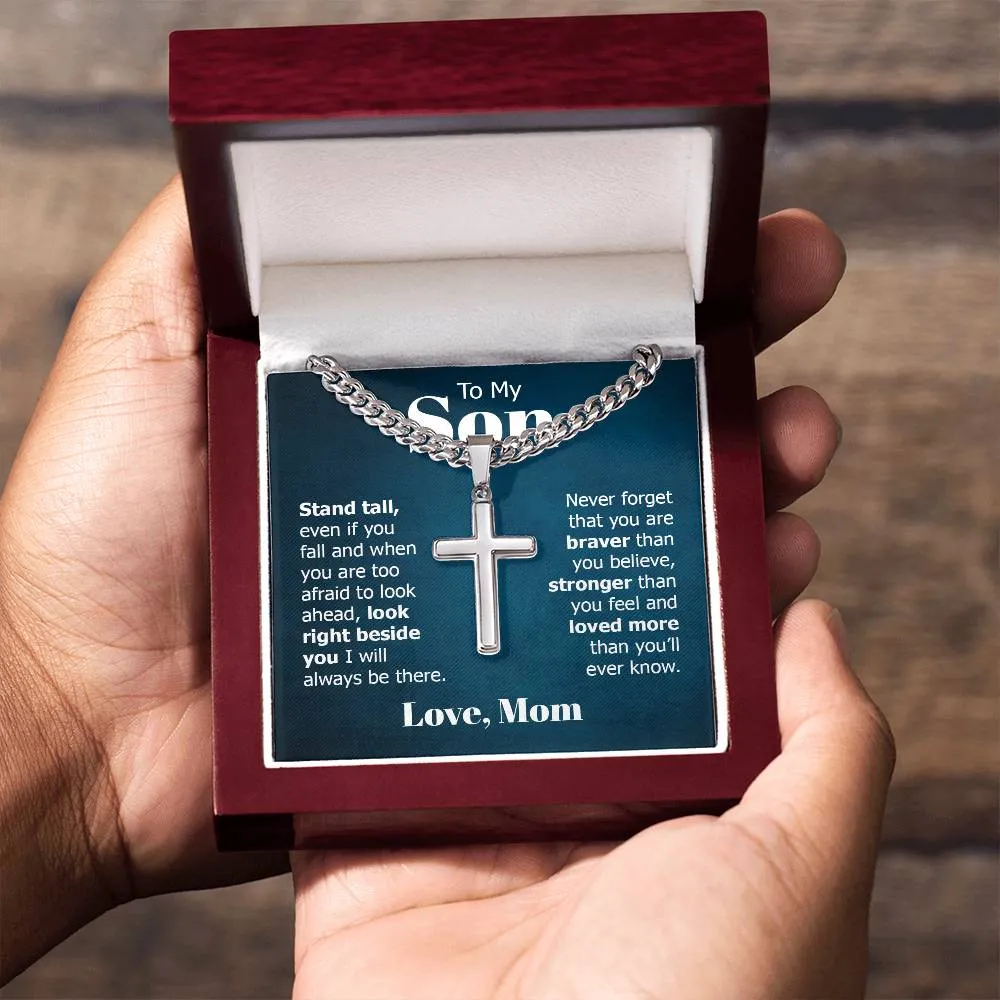 To My Son Artisan Cross Necklace from Mom, Stand Tall Even If You Fall