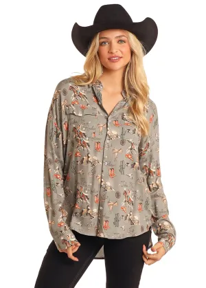 Women's Rock & Roll Retro Western Print Snap Shirt