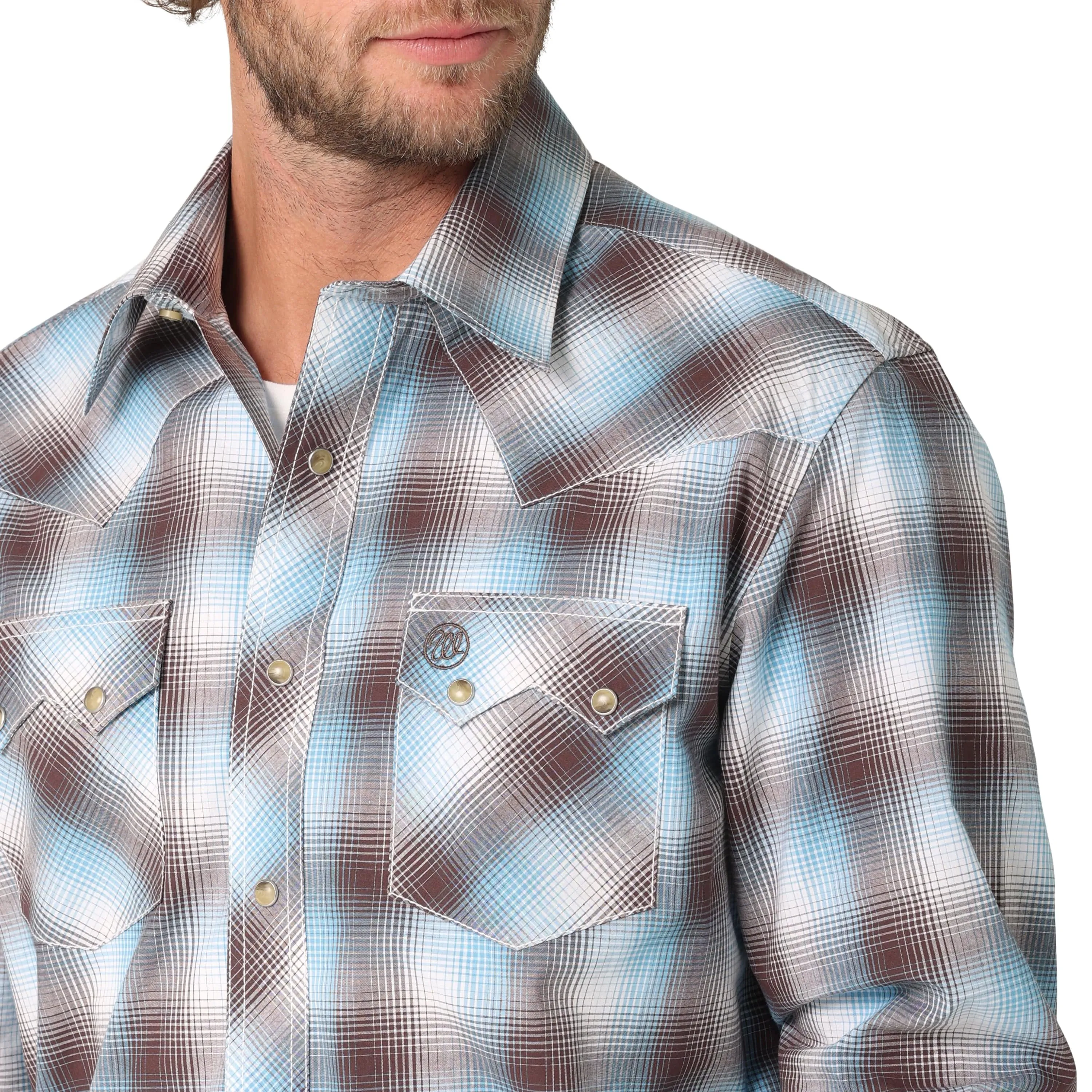 Wrangler Men's Brown Blue Slim Fit Long Sleeve Snap Shirt 112324671