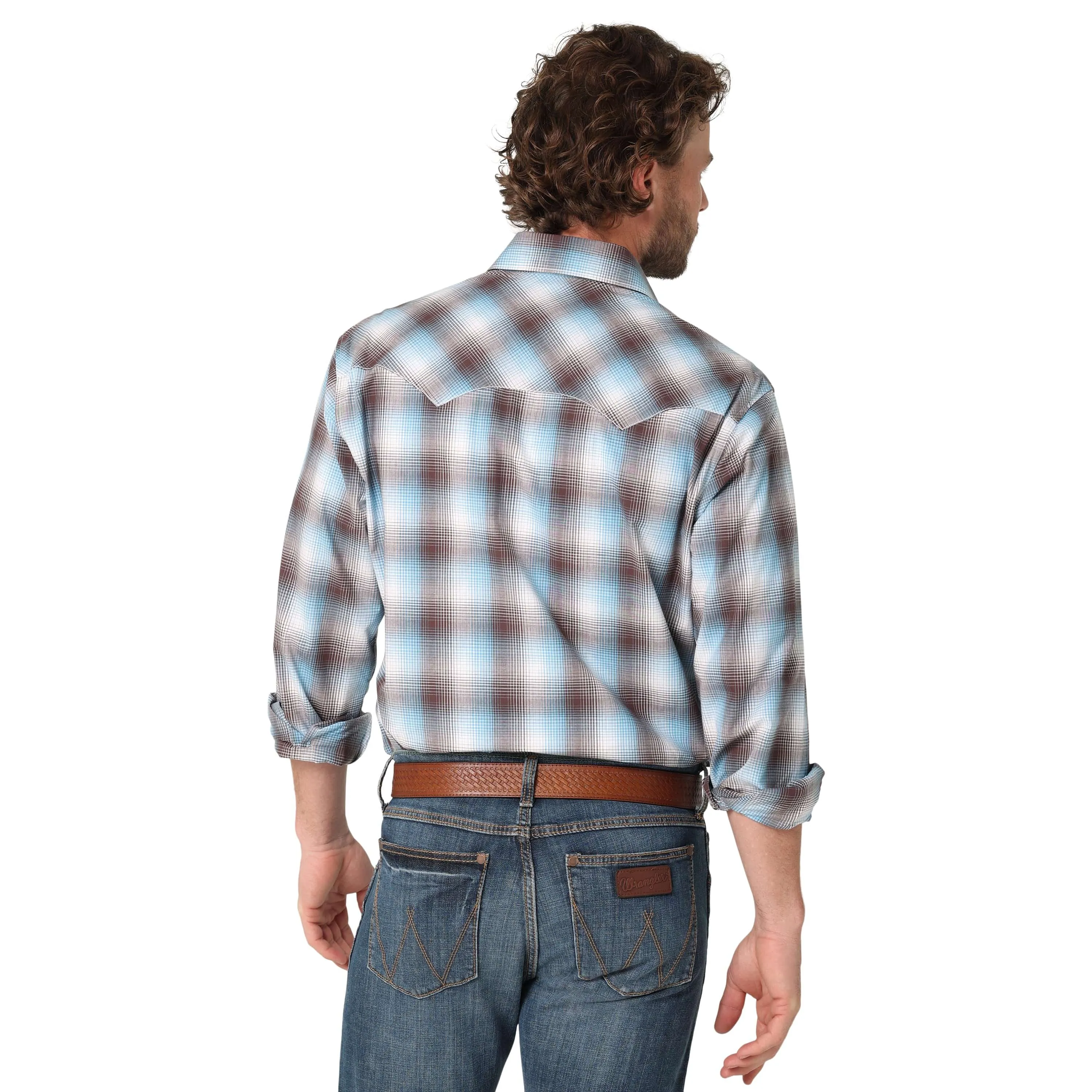 Wrangler Men's Brown Blue Slim Fit Long Sleeve Snap Shirt 112324671