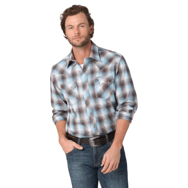 Wrangler Men's Brown Blue Slim Fit Long Sleeve Snap Shirt 112324671