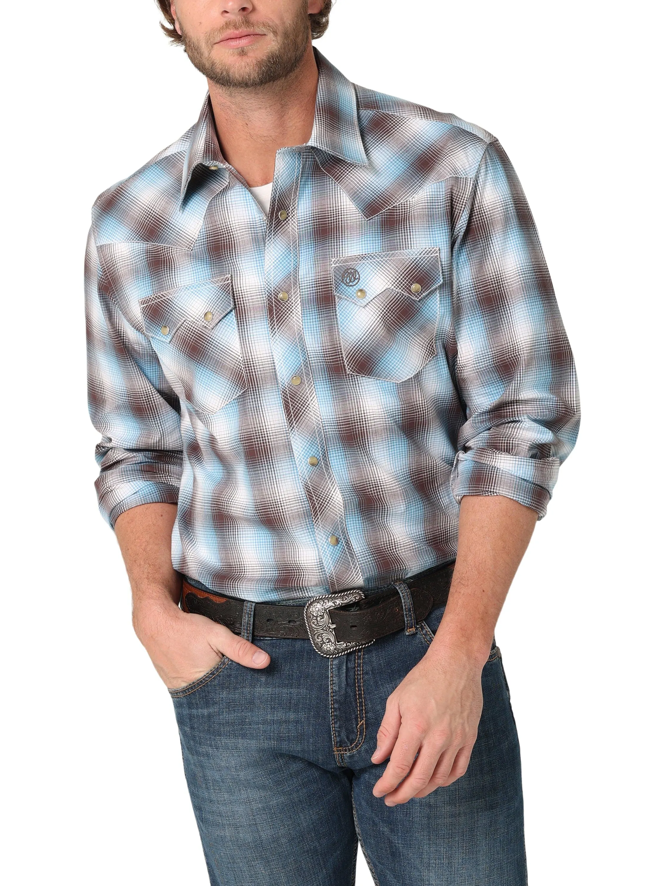 Wrangler Men's Brown Blue Slim Fit Long Sleeve Snap Shirt 112324671