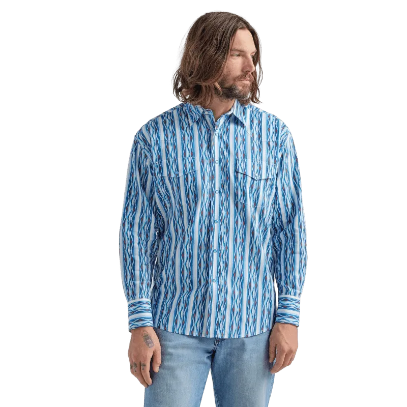 Wrangler Men's Checotah Blue Long Sleeve Western Printed Shirt 112324789