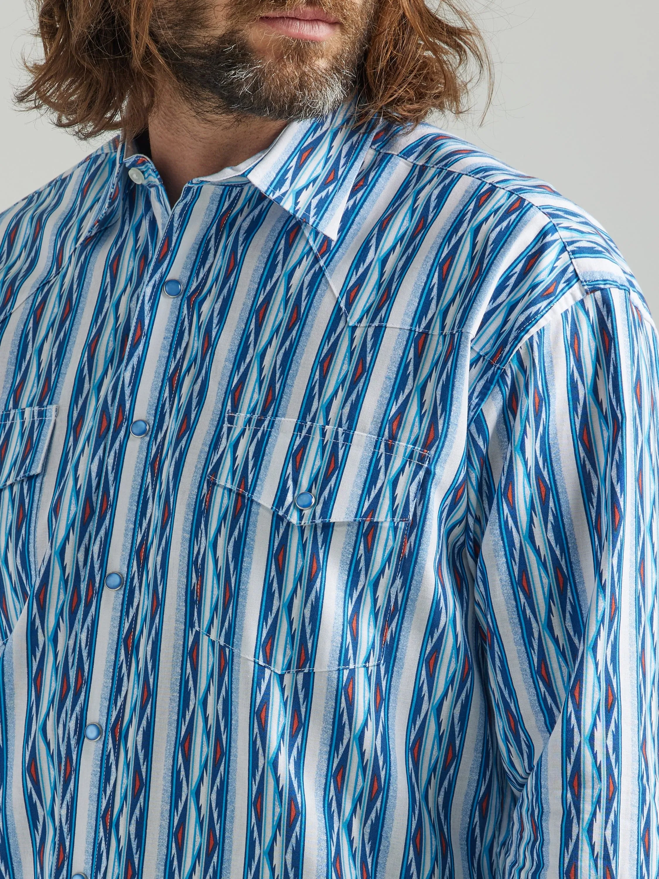 Wrangler Men's Checotah Blue Long Sleeve Western Printed Shirt 112324789