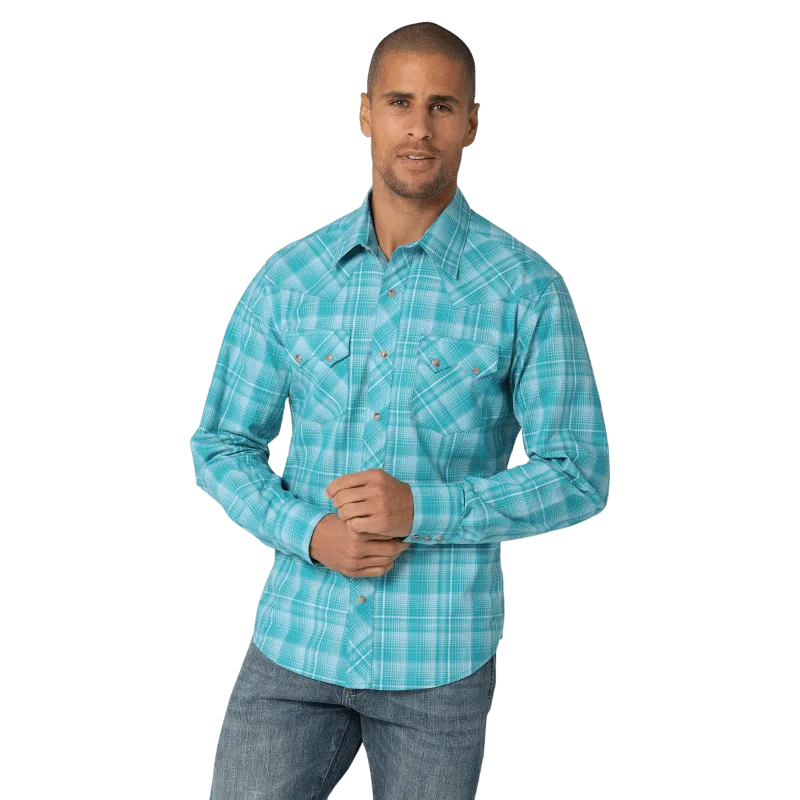 Wrangler Men's Teal Blue Slim Fit Long Sleeve Snap Shirt 112324670