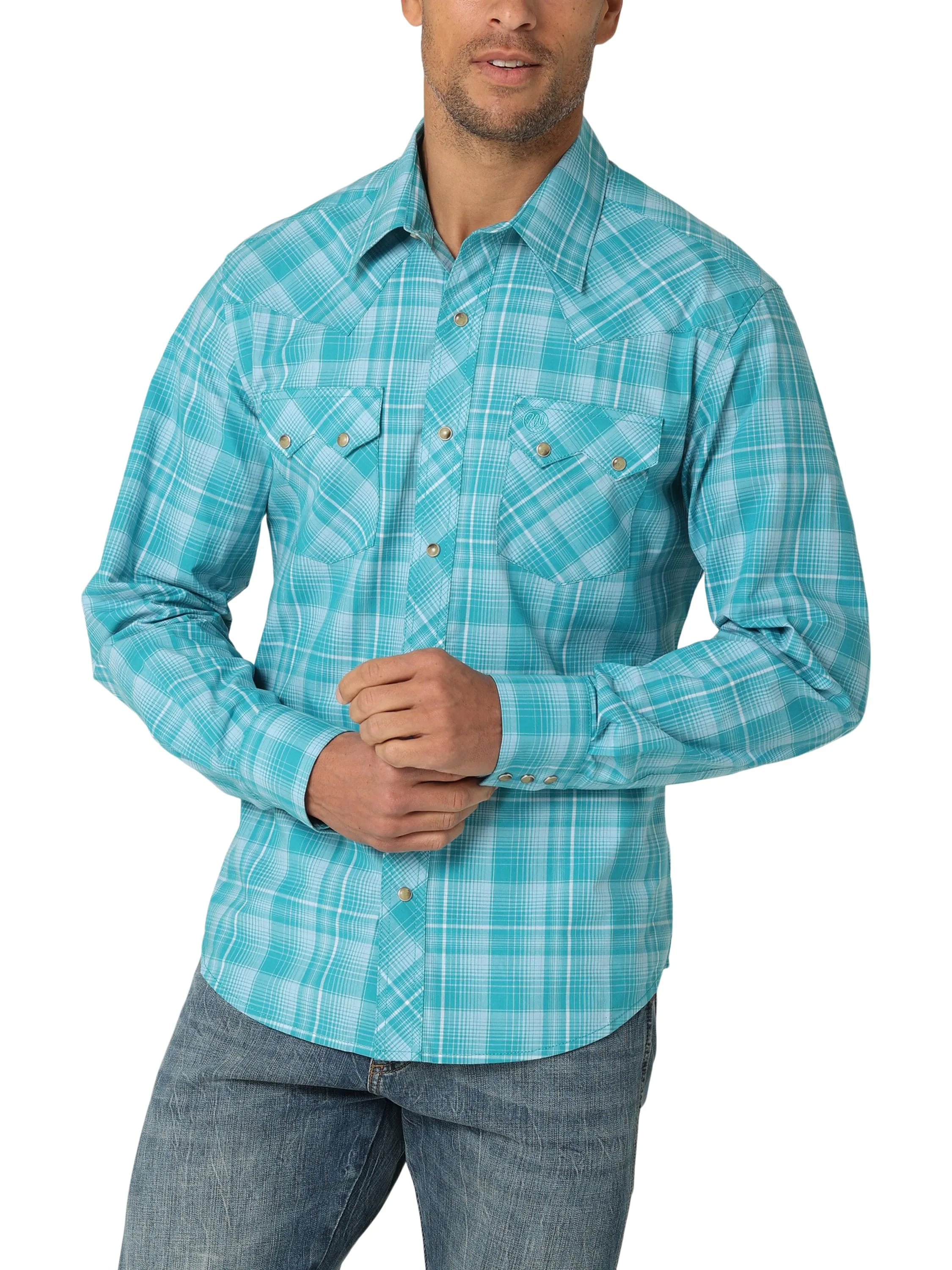 Wrangler Men's Teal Blue Slim Fit Long Sleeve Snap Shirt 112324670