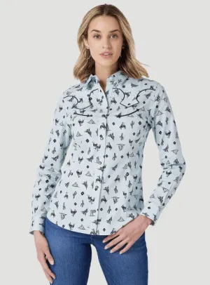 Wrangler Women's Retro Cowgirl Cactus Blue Print Snap Long Sleeve Western Shirt 112327262